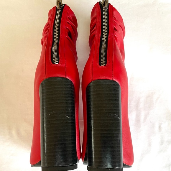 FSJ Bright Red Peep Toe Slouch Ankle Boots Chunky Stacked Heels - Picture 3 of 3